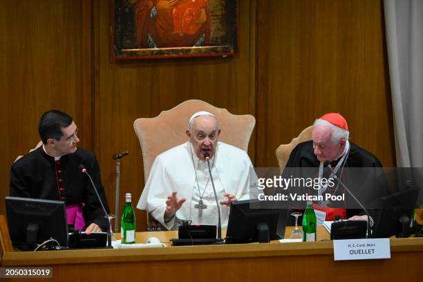 Pope Francis, flanked by Canadian cardinal Marc Ouellet, attends the opening of conference “Man-woman Image of God. For an Anthropology of Vocations”...