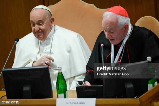 Pope Francis, flanked by Canadian cardinal Marc Ouellet, attends the opening of conference “Man-woman Image of God. For an Anthropology of Vocations”...