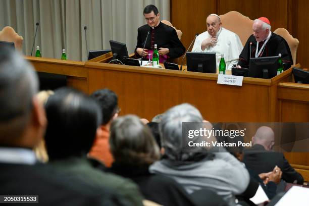 Pope Francis, flanked by Canadian cardinal Marc Ouellet, attends the opening of conference “Man-woman Image of God. For an Anthropology of Vocations”...