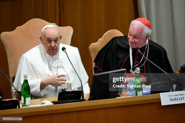 Pope Francis, flanked by Canadian cardinal Marc Ouellet, attends the opening of conference “Man-woman Image of God. For an Anthropology of Vocations”...