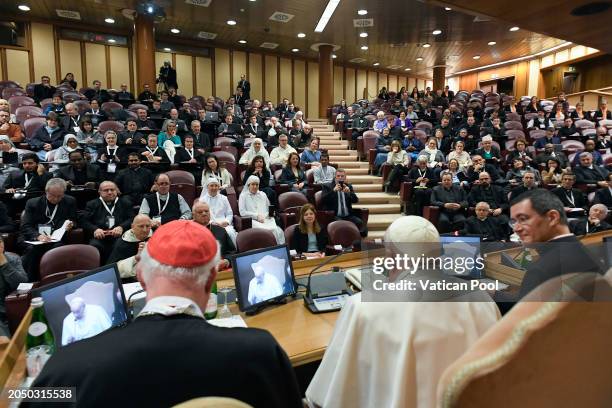 Pope Francis, flanked by Canadian cardinal Marc Ouellet, attends the opening of conference “Man-woman Image of God. For an Anthropology of Vocations”...