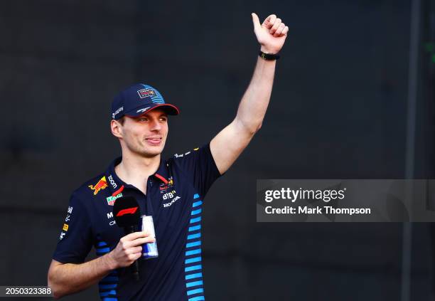 Max Verstappen of the Netherlands and Oracle Red Bull Racing waves to the crowd on the fan stage prior to final practice ahead of the F1 Grand Prix...