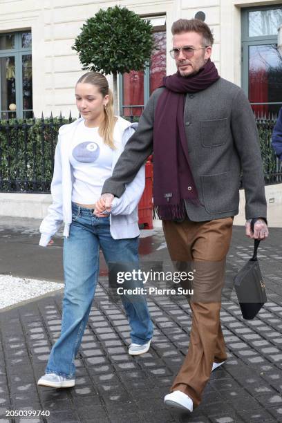 Harper Beckham and David Beckham are seen leaving their hotel on March 01, 2024 in Paris, France.