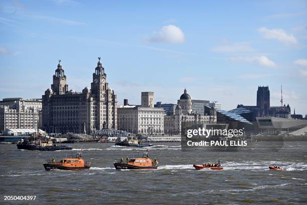 With the Liverpool skyline in the background, Royal National Lifeboat Institution lifeboats from Lytham St Annes, Hoylake, New Brighton and West...