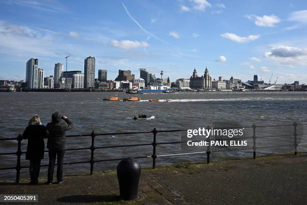 With the Liverpool skyline in the background, Royal National Lifeboat Institution lifeboats from Lytham St Annes, Hoylake, New Brighton and West...