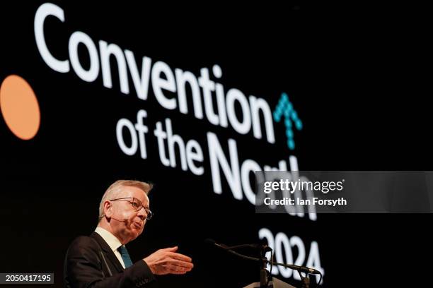 Michael Gove, Secretary of State for Levelling Up, Housing and Communities and Minister for Intergovernmental Relations, addresses delegates at the...