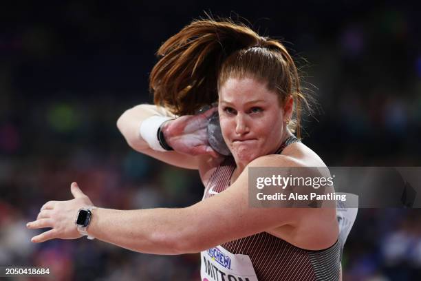 Sarah Mitton of Team Canada competes in the Women's Shot Put on Day One of the World Athletics Indoor Championships Glasgow 2024 at Emirates Arena on...