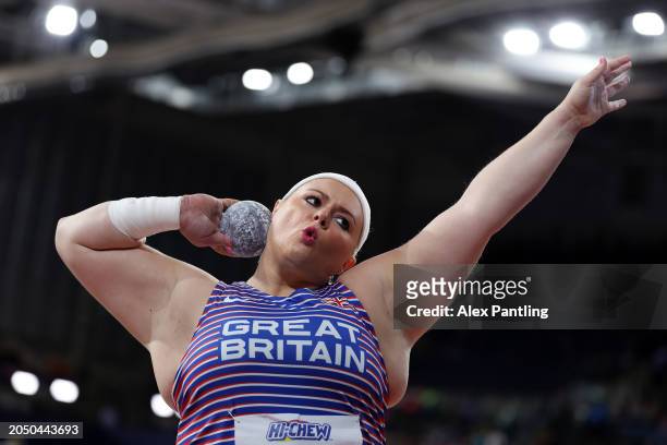 Amelia Campbell of Team Great Britain competes in the Women's Shot Put on Day One of the World Athletics Indoor Championships Glasgow 2024 at...