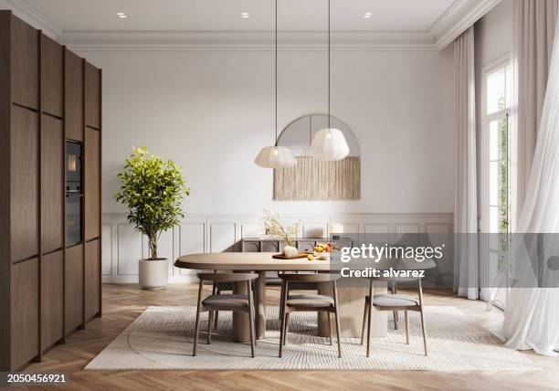 digital image of contemporary kitchen and dining elegance - eetkamer stockfoto's en -beelden