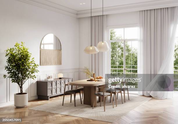 digitale illustration des schicken küchenessens mit elegantem dekor - innenarchitektur stock-fotos und bilder