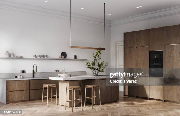 digital generated imagesleek kitchen design with integrated dining - parket stockfoto's en -beelden