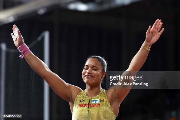 Yemisi Ogunleye of Team Germany reacts during the Women's Shot Put on Day One of the World Athletics Indoor Championships Glasgow 2024 at Emirates...