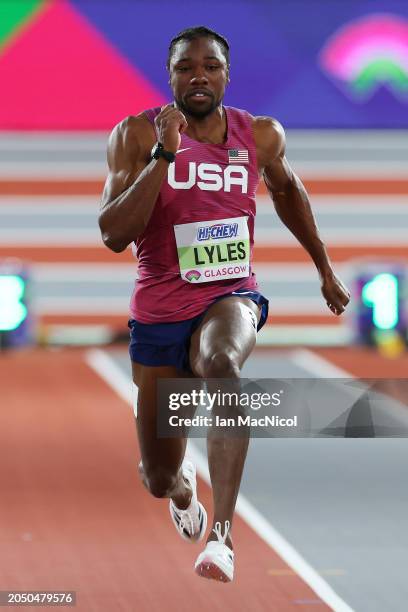 Noah Lyles of Team United States competes in the Men's 60 Metres Heats on Day One of the World Athletics Indoor Championships Glasgow 2024 at...