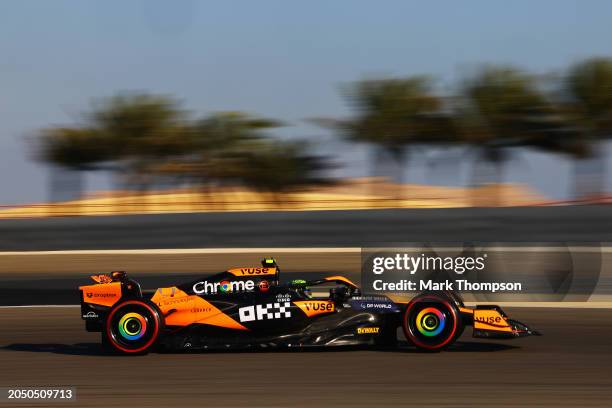 Lando Norris of Great Britain driving the McLaren MCL38 Mercedes on track during final practice ahead of the F1 Grand Prix of Bahrain at Bahrain...