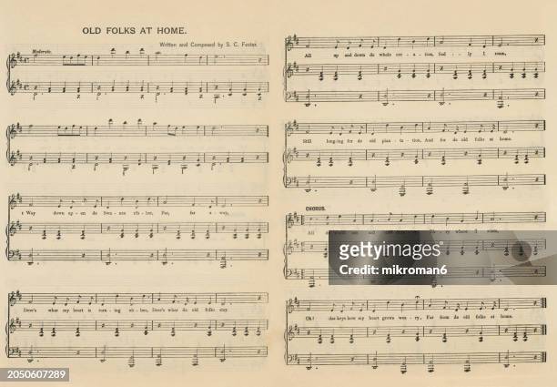 old engraved illustration of musical notes of "old folks at home" ("swanee river") a minstrel song written by stephen foster in 1851 - since 1935, it has been the official state song of florida, although in 2008 the original lyrics were revised - florida v florida state stock pictures, royalty-free photos & images