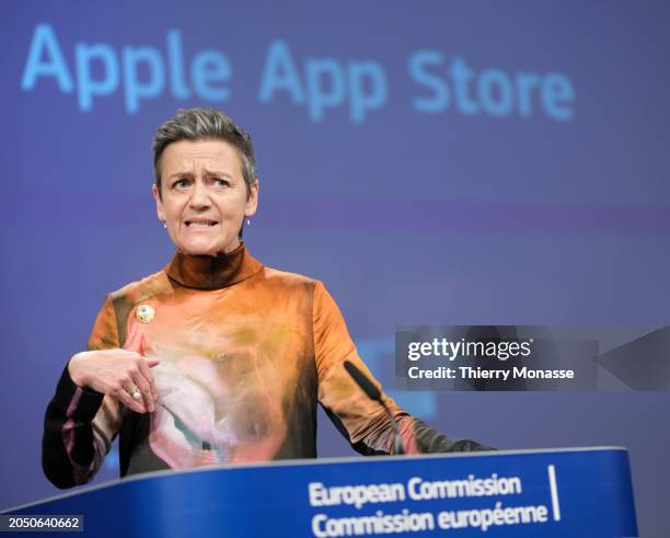 Commissioner for 'A Europe Fit for the Digital Age' Margrethe Vestager talks to media in the Berlaymont building on March 4, 2024 in Brussels,...