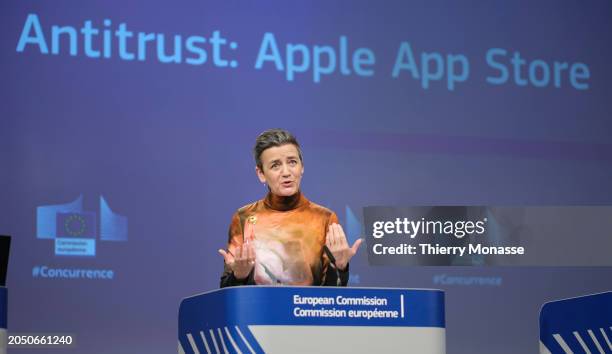 Commissioner for 'A Europe Fit for the Digital Age' Margrethe Vestager talks to media in the Berlaymont building on March 4, 2024 in Brussels,...