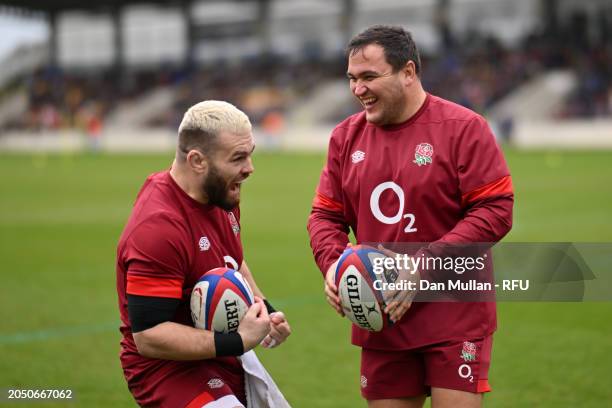 Luke Cowan-Dickie shares a joke with Jamie George of England during a training session at LNER Community Stadium on March 01, 2024 in York, England.