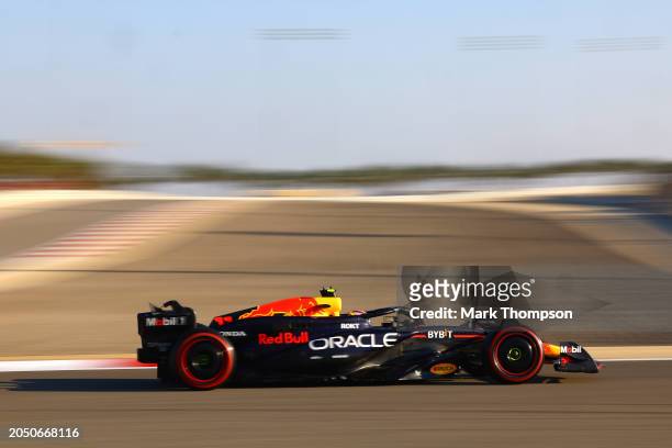 Sergio Perez of Mexico driving the Oracle Red Bull Racing RB20 on track during final practice ahead of the F1 Grand Prix of Bahrain at Bahrain...