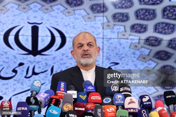 Iranian Interior Minister Ahmad Vahidi speaks during a press conference in Tehran on March 4, 2024. Vahidi announced turnout of 41 percent in last...
