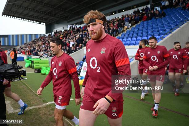 Ollie Chessum of England makes his way onto the pitch during a training session at LNER Community Stadium on March 01, 2024 in York, England.
