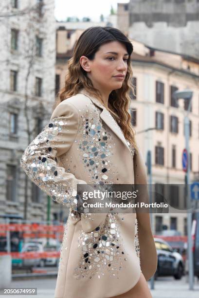 Italian actress Carlotta Antonelli at the Ermanno Scervino fashion show during Milan Fashion Week Autumn Winter 2024/2025 Women's Collection. Milano...