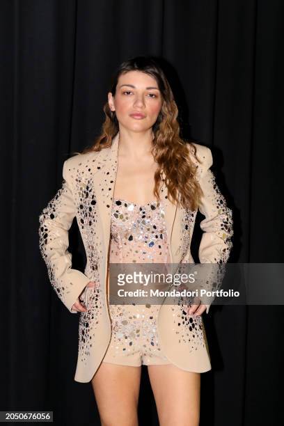 Italian actress Carlotta Antonelli guest at Ermanno Scervino fashion show at Milan Fashion Week Women's Collection Fall Winter 2024. Milan , February...