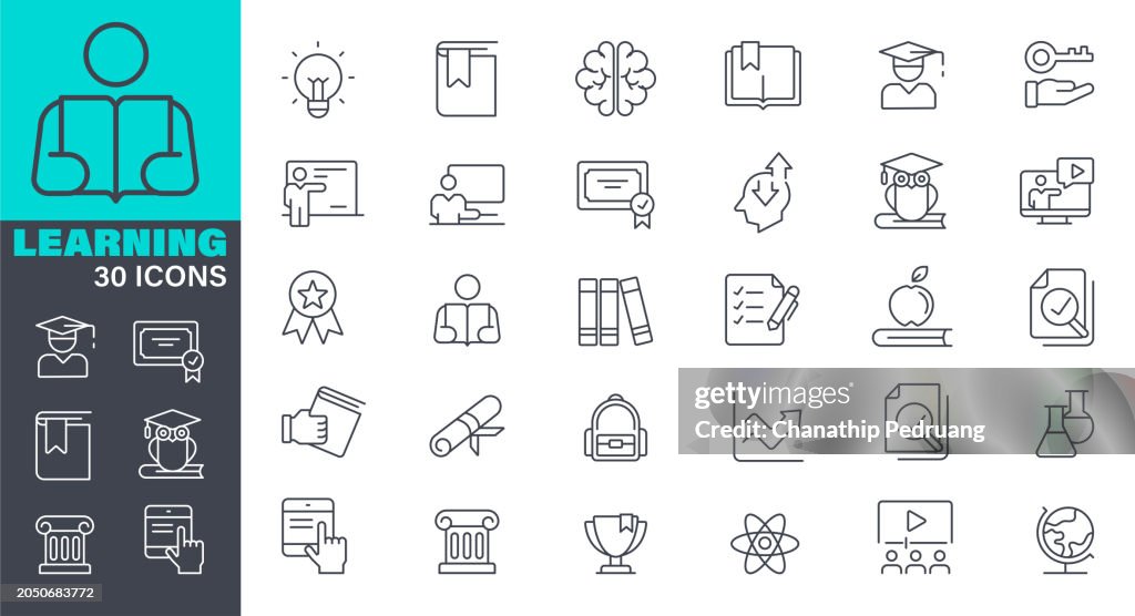 Lernlinienvektor Icon-Set. Pixelgenau. Bearbeitbarer Strich. Das Set enthält Symbole: Schulgebäude, Bildung, Lehrer - Illustration. Icon-Symbol, Lehre, Klassenzimmer, Gymnasium, Universität