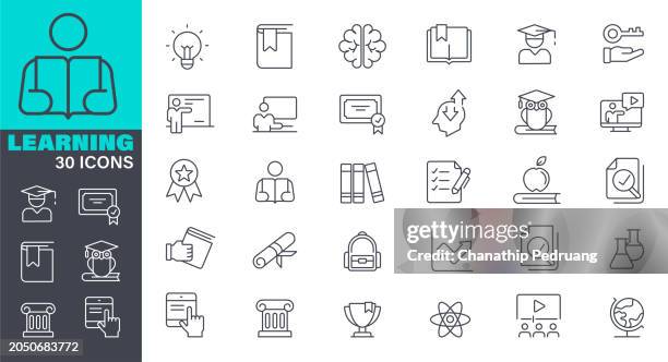 stockillustraties, clipart, cartoons en iconen met learning line vector icon set. pixel perfect. editable stroke. the set contains icons: school building, education, teacher stock illustration. icon symbol, teaching, classroom, high school, university - bibliotheek
