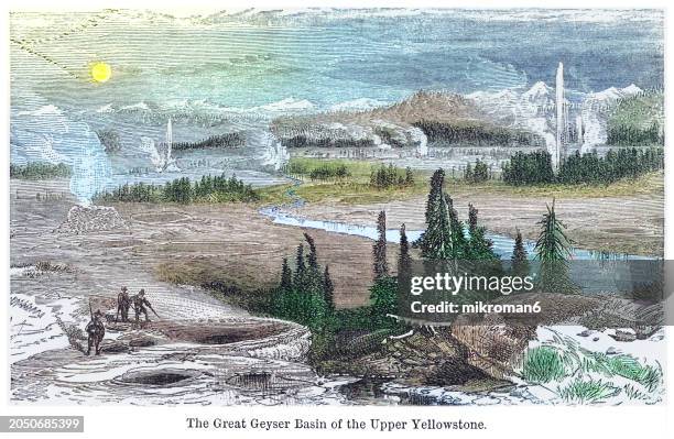 old engraved illustration of the great geyser basin of yellowstone national park - midway geyser basin stock pictures, royalty-free photos & images