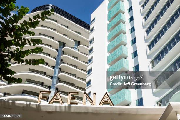 Miami Beach, Florida, Collins Avenue, Faena Miami Beach luxury hotel and sign.