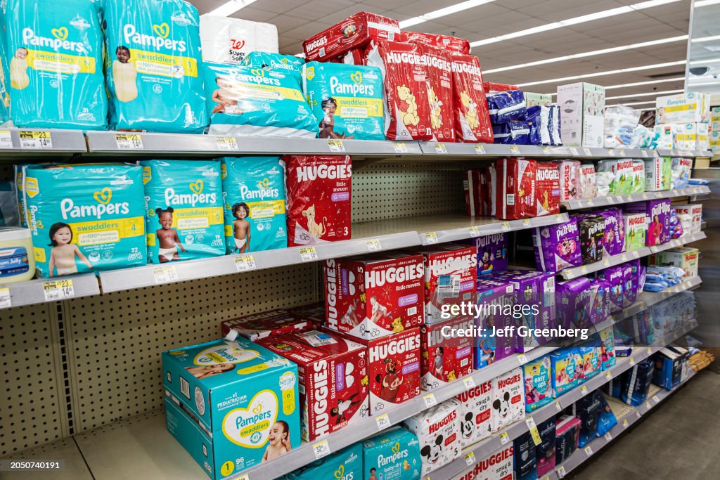 Miami Beach, Florida, Walgreens Pharmacy, disposable diapers, Huggies, Pampers, and Pull-Ups on shelves