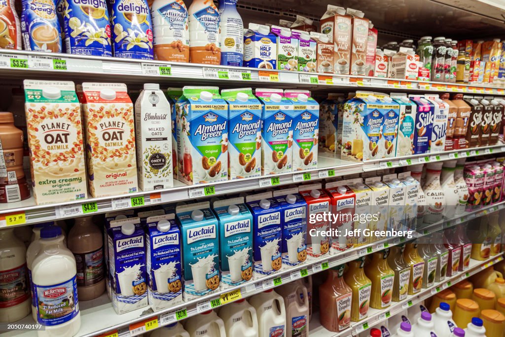Miami Beach, Florida, Normandy Isle, Bay Supermarket, refrigerated dairy case, plant based non dairy substitute milk containers, Planet Oat Almond Breeze Lactaid
