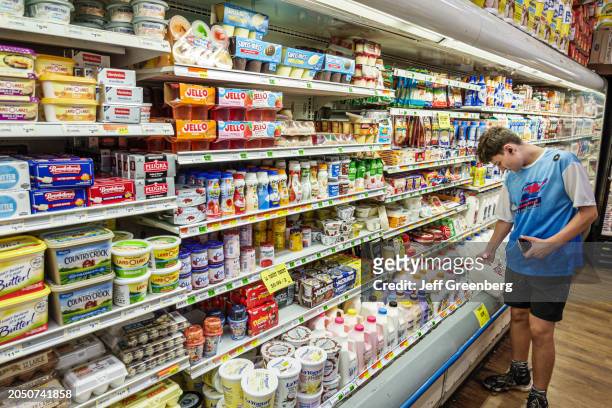 Miami Beach, Florida, Normandy Isle, Bay Supermarket, refrigerated dairy case, butter Land O Lakes Country Crock, teenager selecting choosing milk.