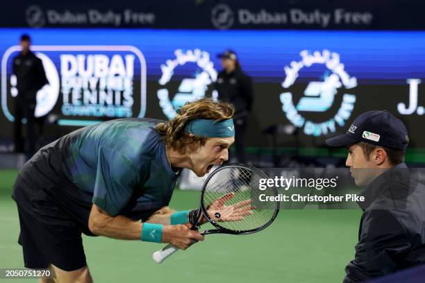 Andrey Rublev shouts at line judge while playing against Alexander Bublik of Kazakhstan in their semifinal match during the Dubai Duty Free Tennis...