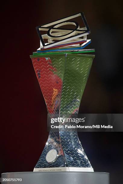 Trophy of the UEFA Nations League are displayed during the Final Match between Spain and France at Estadio La Cartuja on February 28, 2024 in...