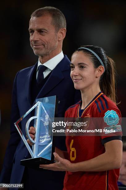 Aleksander Ceferin UEFA president poses beside Aitana Bonmati of Spain with the Trophy of player of the Final is during the UEFA Nations League Final...