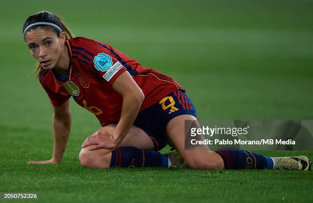 Aitana Bonmati of Spain lie down on the pitch during the UEFA Nations League Final Match between Spain and France at Estadio La Cartuja on February...