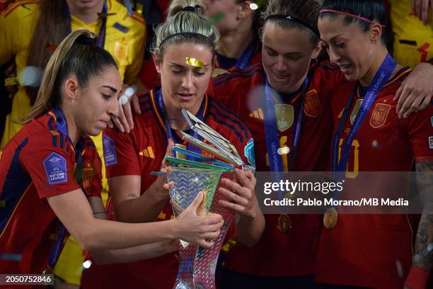 Alexia Putellas and Olga Carmona of Spain holds the trophy after wining the UEFA Nations League Final Match between Spain and France at Estadio La...