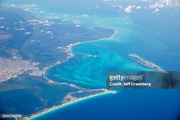 Cancun, Mexico, Yucatan Peninsula, Caribbean Sea, Isla Mujeres aerial view.
