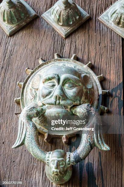 Merida, Mexico, Catedral de Merida San Ildefonso, door knocker, Mayan symbolism figures, Saint Ildefonsus.