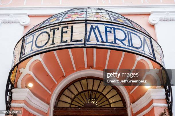 Merida, Mexico, Calle 60, Hotel Merida, stained glass awning marquee entrance.