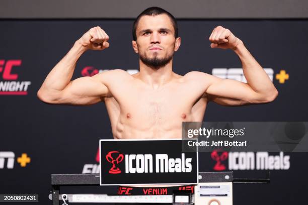 Umar Nurmagomedov of Russia poses on the scale during the UFC Fight Night weigh-in at UFC APEX on March 01, 2024 in Las Vegas, Nevada.