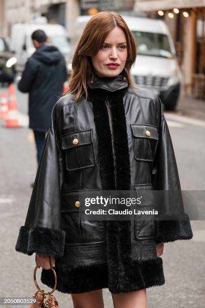 Georgia May Jagger wears black leather jacket with fur details, outside Chloe, during the Womenswear Fall/Winter 2024/2025 as part of Paris Fashion...