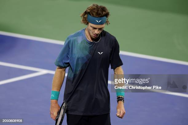 Andrey Rublev reacts while playing against Alexander Bublik of Kazakhstan in their semifinal match during the Dubai Duty Free Tennis Championships at...