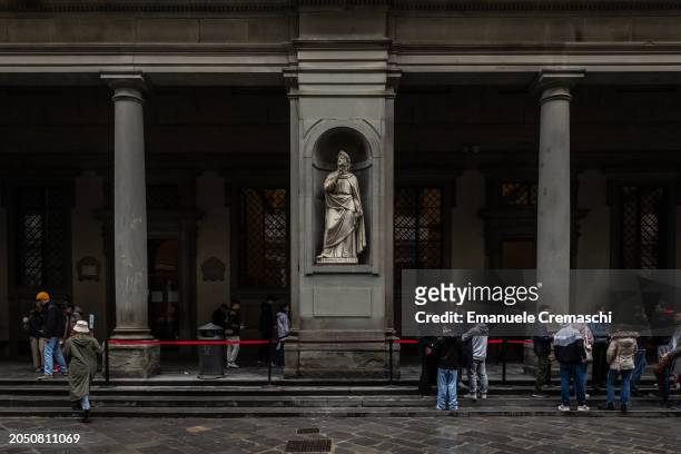 People wait in the courtyard of the Uffizi museum on March 01, 2024 in Florence, Italy. The historic centre of Florence, birthplace of the...