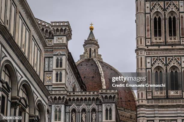 Detail picture shows parts of the Cathedral of Saint Mary of the Flower, the Baptistery of St. John and Giotto's Campanile on March 01, 2024 in...