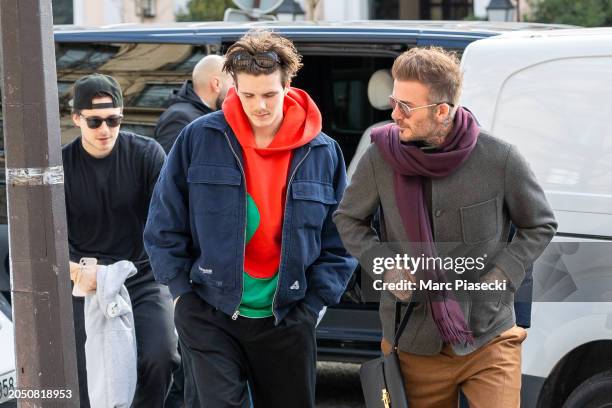 Brooklyn Beckham, Cruz Beckham, Harper Beckham and David Beckham are seen on March 01, 2024 in Paris, France.