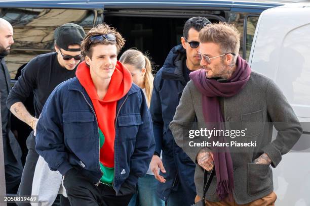 Brooklyn Beckham, Cruz Beckham, Harper Beckham and David Beckham are seen on March 01, 2024 in Paris, France.