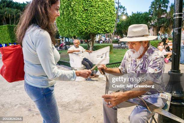 Merida, Mexico, historic district, Plaza Grande Principal, street musician playing saw and singing.